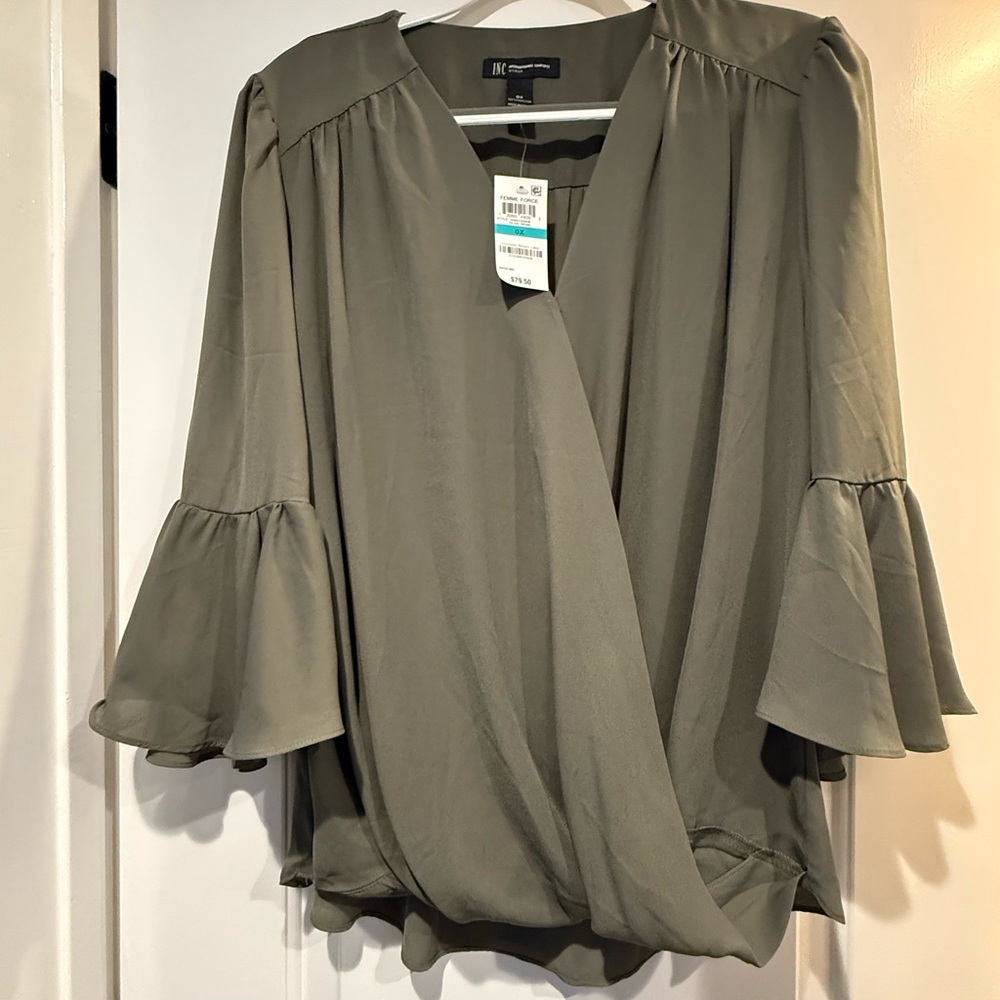 INC International Concepts Green Wrap Blouse with Bell Sleeves